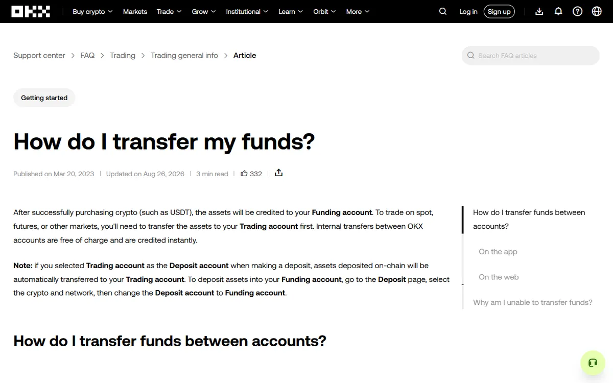 OKX yardım mərkəzi: Funding və Trading hesabları arasında köçürmə