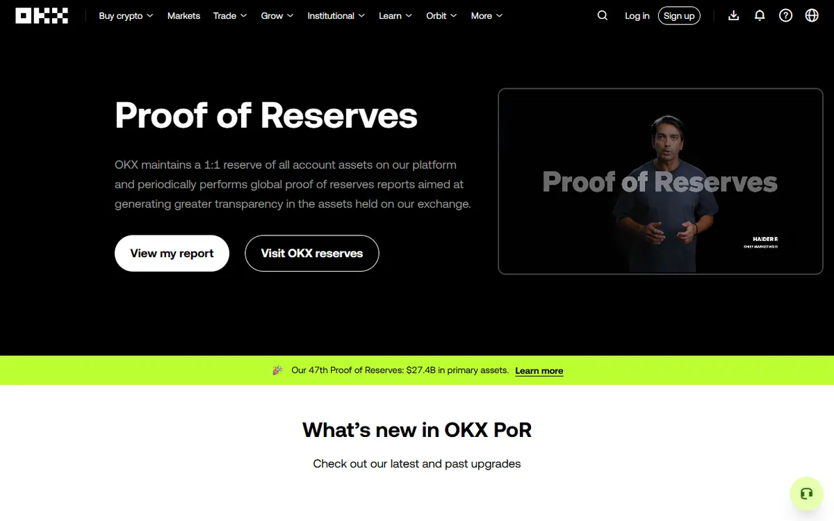 OKX-in ehtiyat sübutu (Proof of Reserves) səhifəsi
