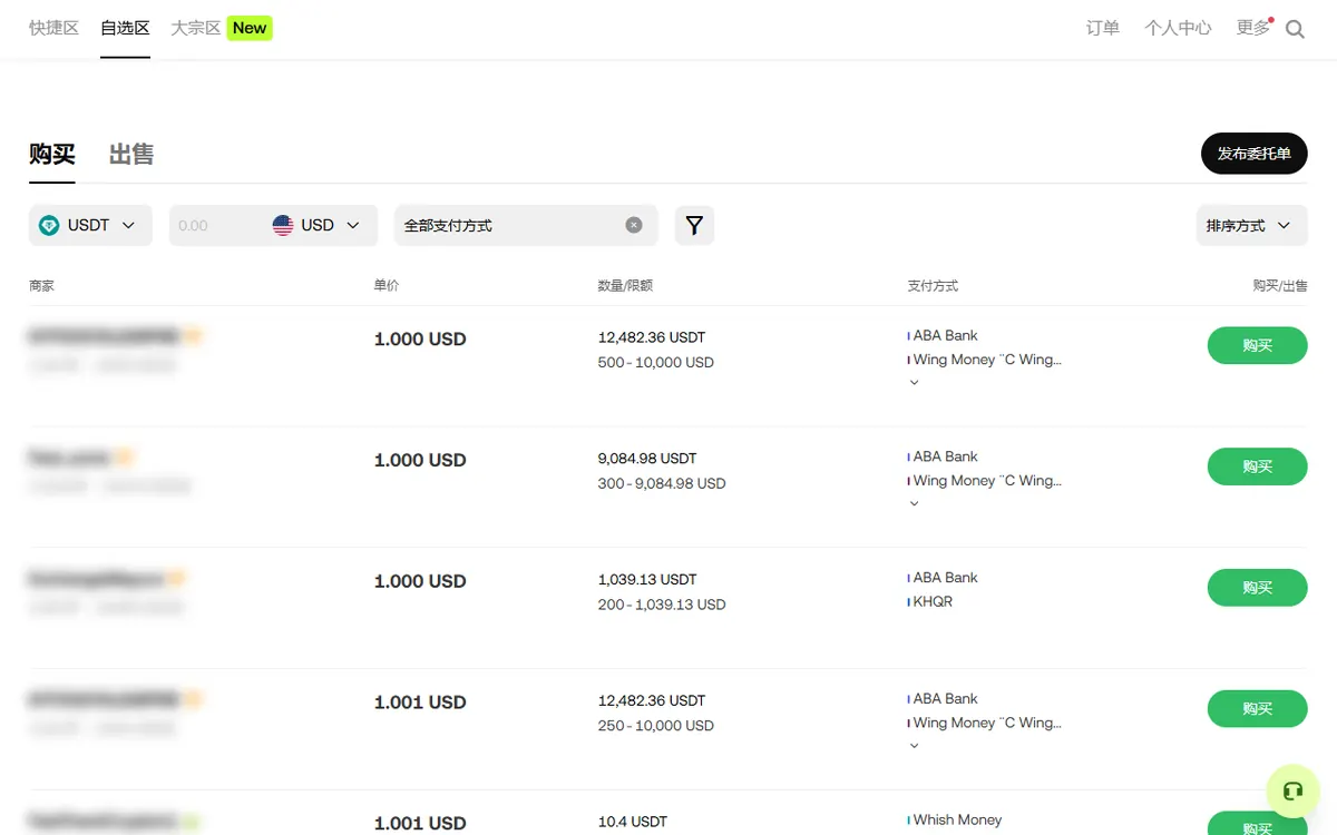 OKX C2C 自选区:可按币种、法币和支付方式筛选商家(商家名称已打码)